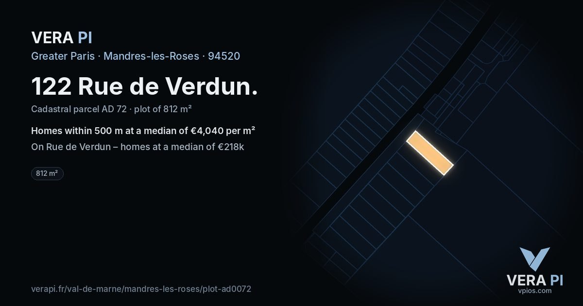 122 Rue de Verdun, Mandres-les-Roses at night – the plot lit, the parcels around coloured by the prices near them