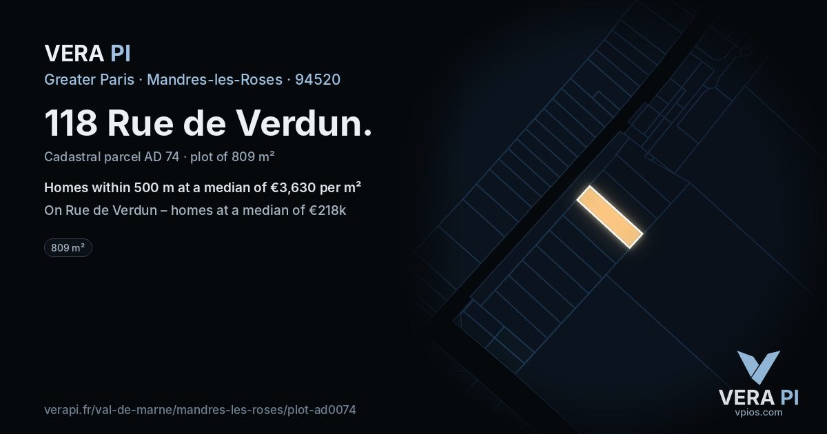 118 Rue de Verdun, Mandres-les-Roses at night – the plot lit, the parcels around coloured by the prices near them
