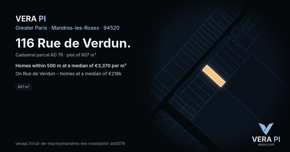 116 Rue de Verdun, Mandres-les-Roses at night – the plot lit, the parcels around coloured by the prices near them