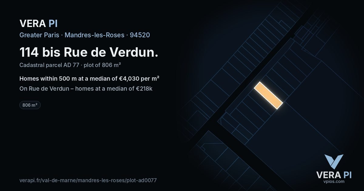 114 bis Rue de Verdun, Mandres-les-Roses at night – the plot lit, the parcels around coloured by the prices near them