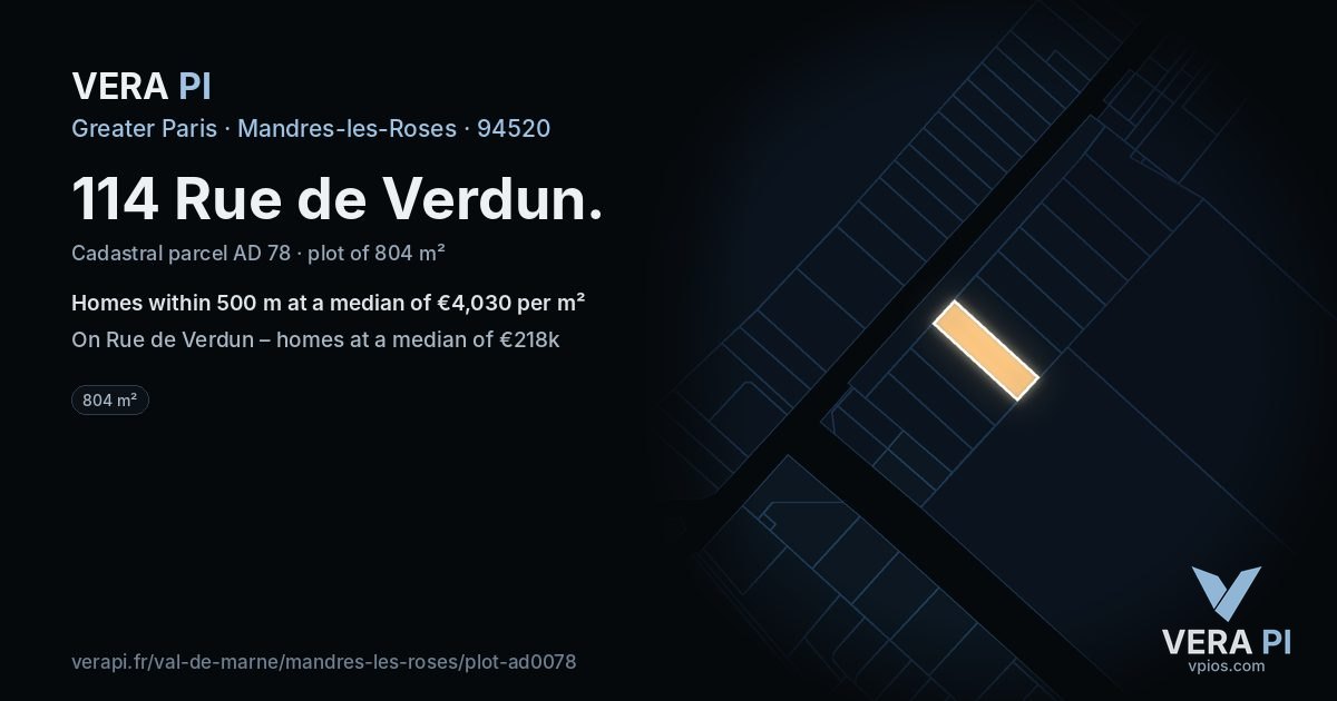 114 Rue de Verdun, Mandres-les-Roses at night – the plot lit, the parcels around coloured by the prices near them