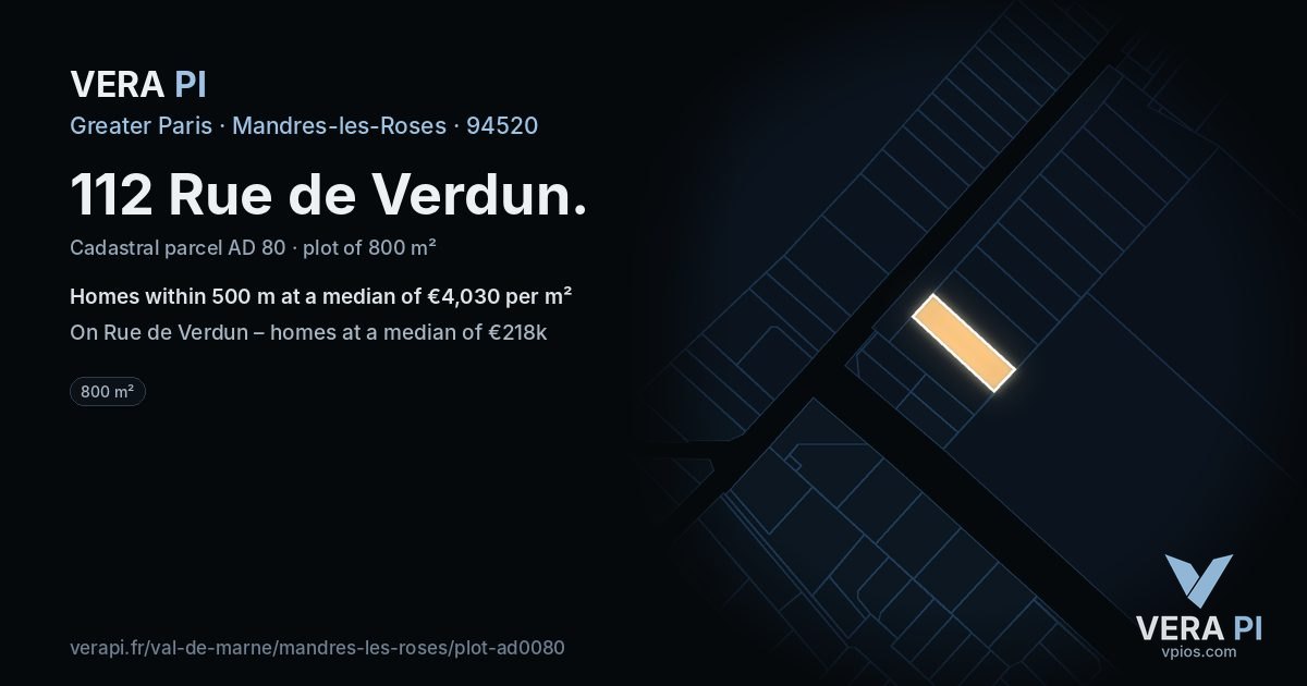 112 Rue de Verdun, Mandres-les-Roses at night – the plot lit, the parcels around coloured by the prices near them