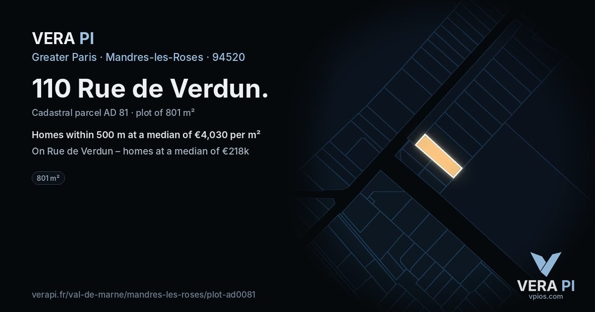 110 Rue de Verdun, Mandres-les-Roses at night – the plot lit, the parcels around coloured by the prices near them