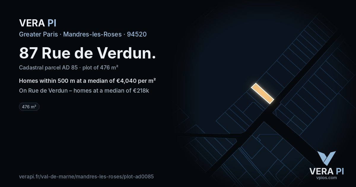 87 Rue de Verdun, Mandres-les-Roses at night – the plot lit, the parcels around coloured by the prices near them