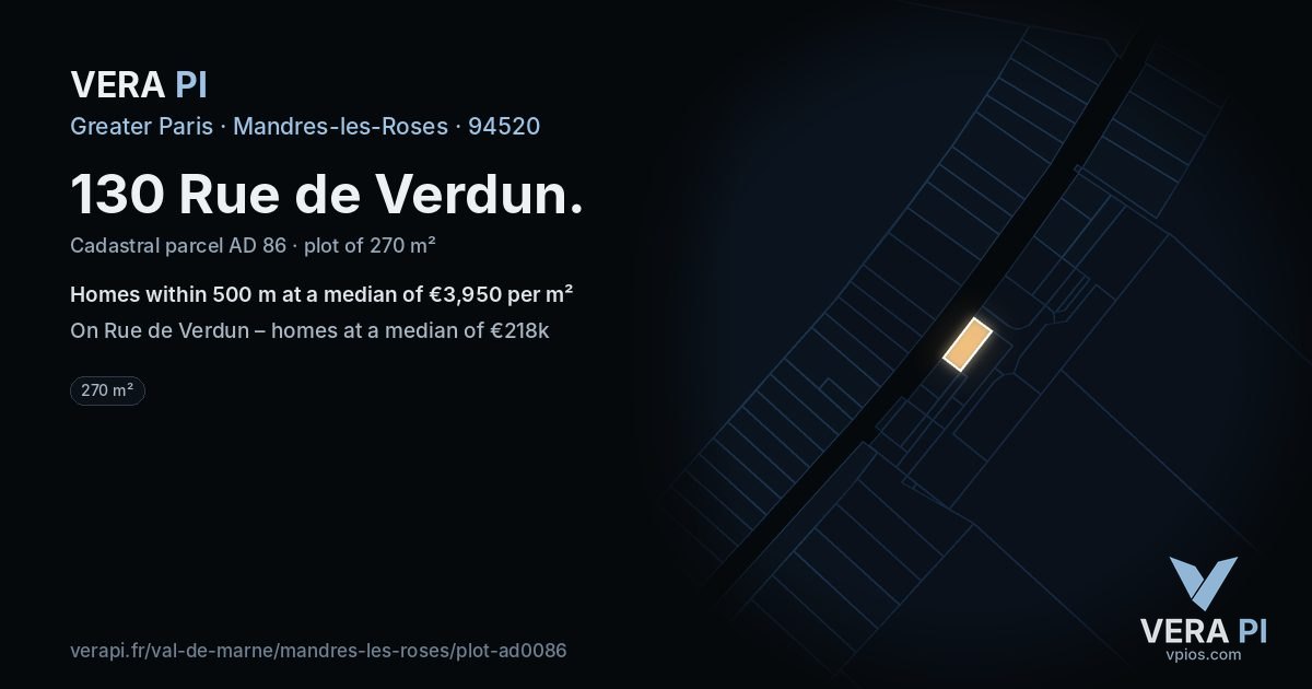 130 Rue de Verdun, Mandres-les-Roses at night – the plot lit, the parcels around coloured by the prices near them