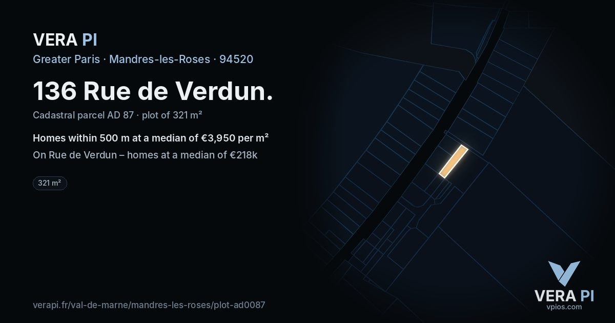 136 Rue de Verdun, Mandres-les-Roses at night – the plot lit, the parcels around coloured by the prices near them
