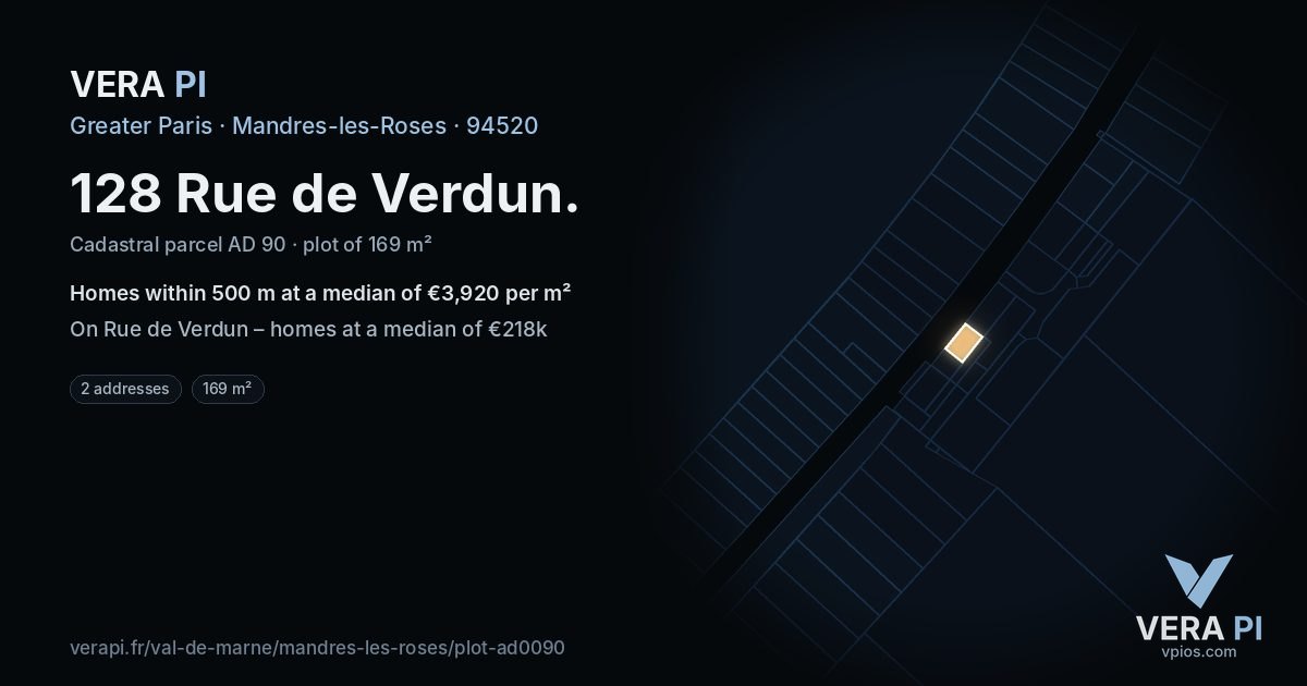 128 Rue de Verdun, Mandres-les-Roses at night – the plot lit, the parcels around coloured by the prices near them