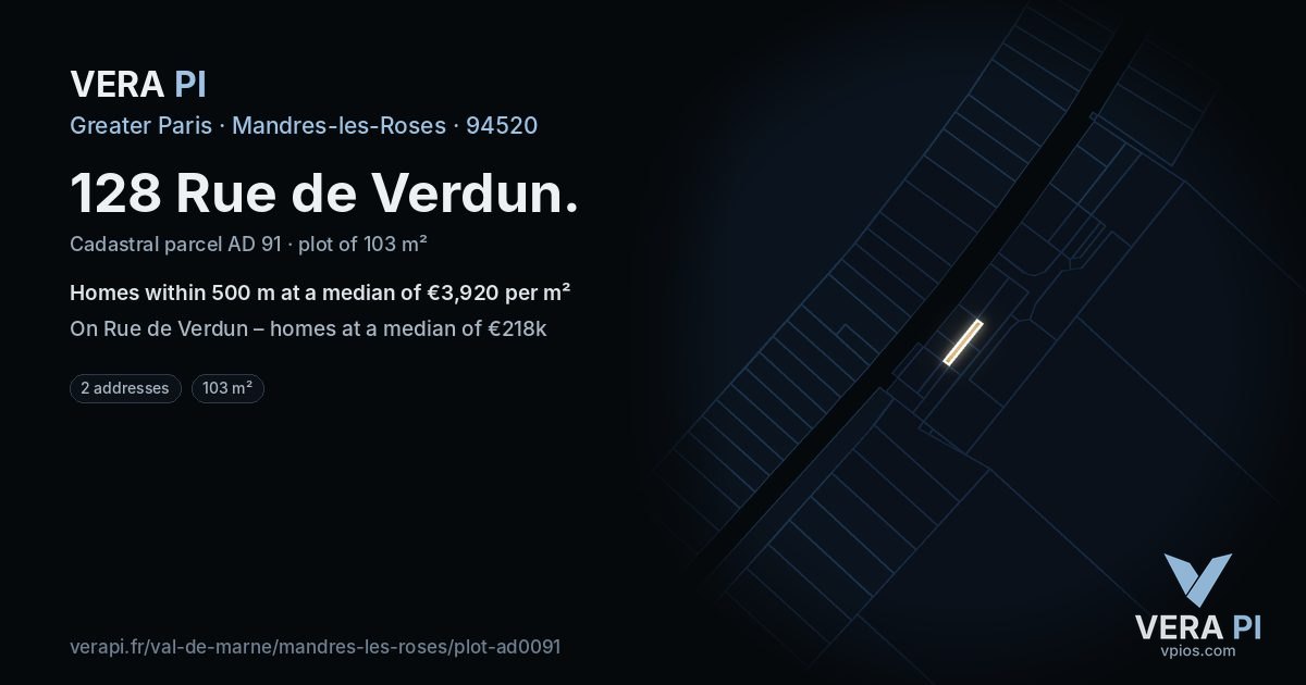 128 Rue de Verdun, Mandres-les-Roses at night – the plot lit, the parcels around coloured by the prices near them