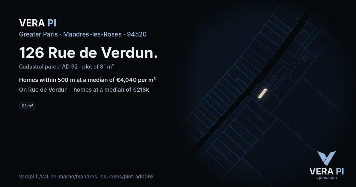 126 Rue de Verdun, Mandres-les-Roses at night – the plot lit, the parcels around coloured by the prices near them