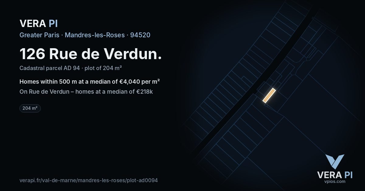 126 Rue de Verdun, Mandres-les-Roses at night – the plot lit, the parcels around coloured by the prices near them