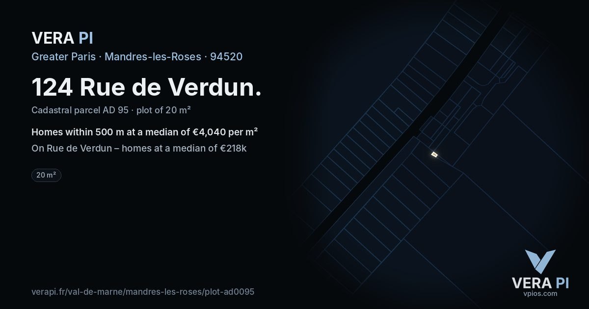 124 Rue de Verdun, Mandres-les-Roses at night – the plot lit, the parcels around coloured by the prices near them