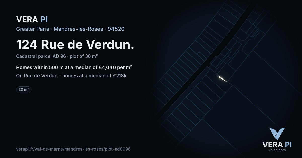124 Rue de Verdun, Mandres-les-Roses at night – the plot lit, the parcels around coloured by the prices near them