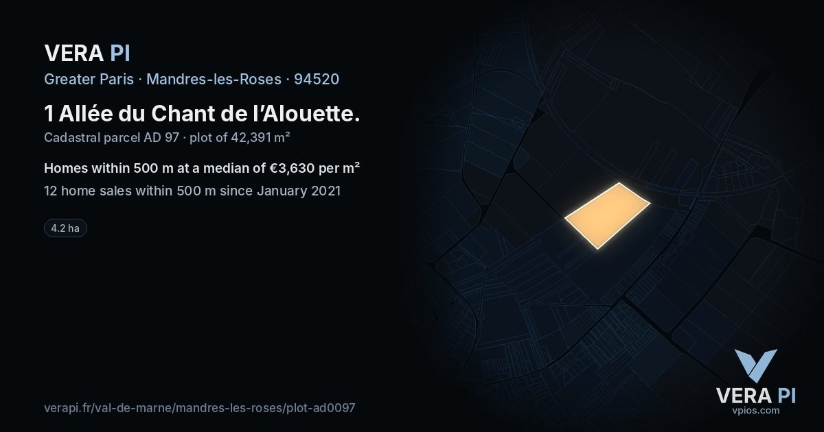 1 Allée du Chant de l’Alouette, Mandres-les-Roses at night – the plot lit, the parcels around coloured by the prices near them