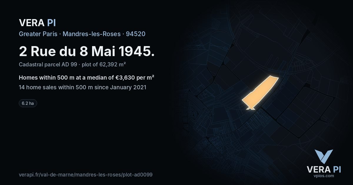 2 Rue du 8 Mai 1945, Mandres-les-Roses at night – the plot lit, the parcels around coloured by the prices near them