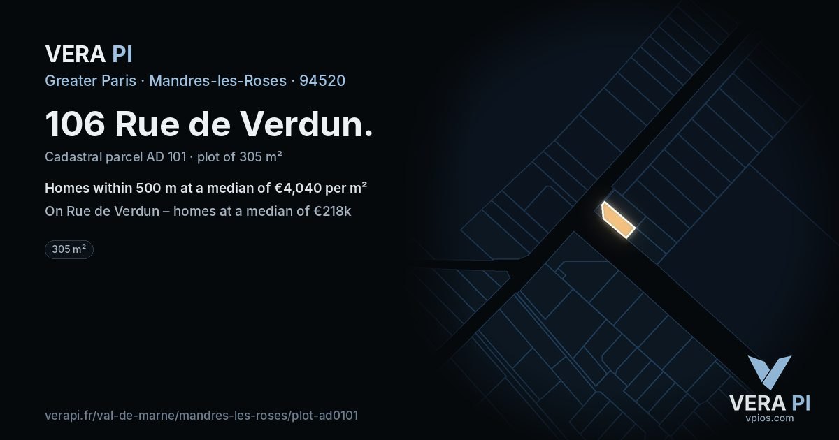 106 Rue de Verdun, Mandres-les-Roses at night – the plot lit, the parcels around coloured by the prices near them