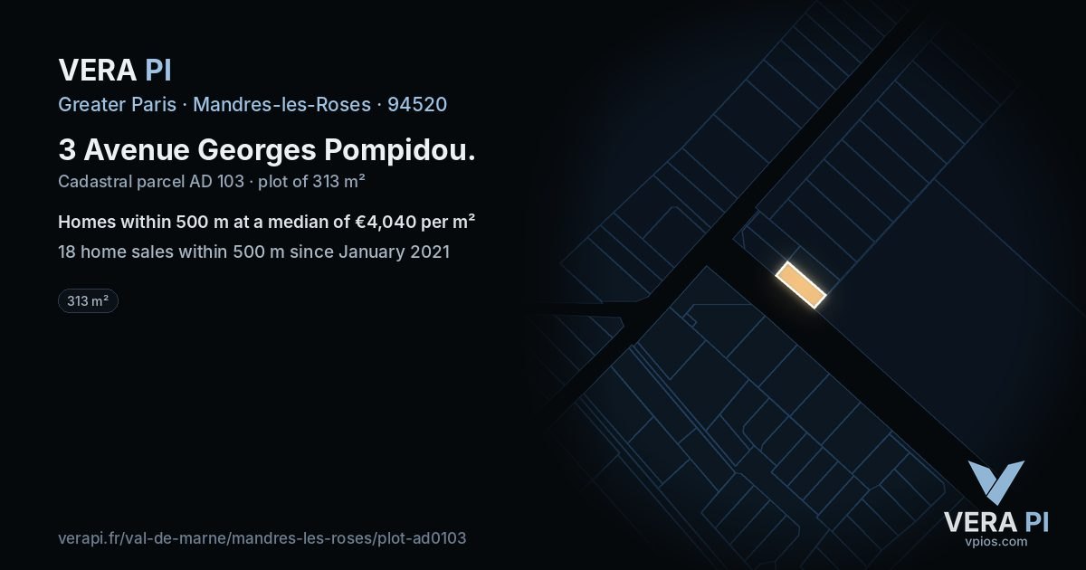 3 Avenue Georges Pompidou, Mandres-les-Roses at night – the plot lit, the parcels around coloured by the prices near them