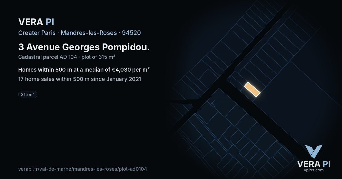 3 Avenue Georges Pompidou, Mandres-les-Roses at night – the plot lit, the parcels around coloured by the prices near them