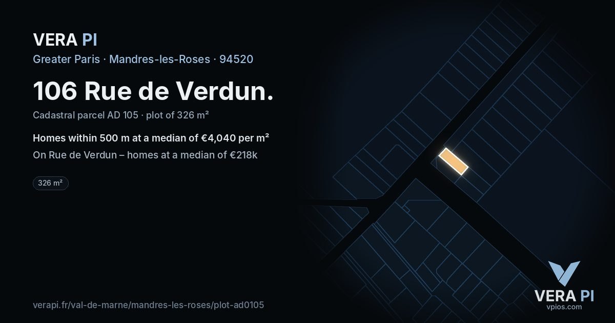 106 Rue de Verdun, Mandres-les-Roses at night – the plot lit, the parcels around coloured by the prices near them