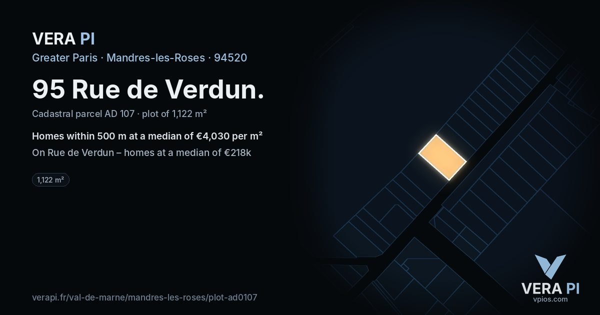 95 Rue de Verdun, Mandres-les-Roses at night – the plot lit, the parcels around coloured by the prices near them