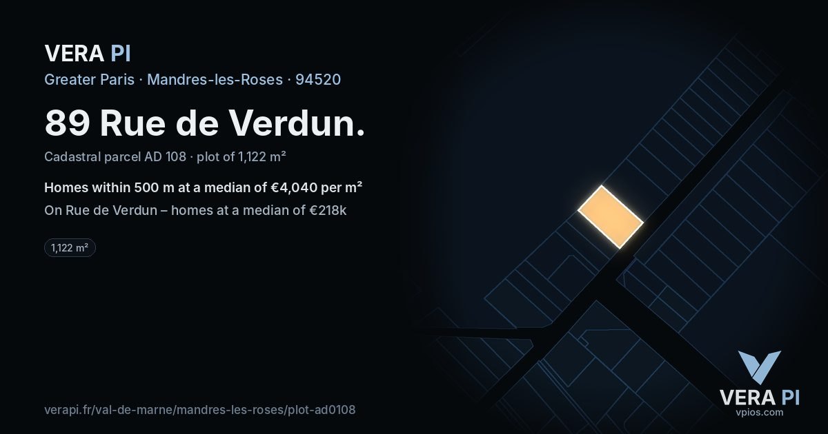 89 Rue de Verdun, Mandres-les-Roses at night – the plot lit, the parcels around coloured by the prices near them