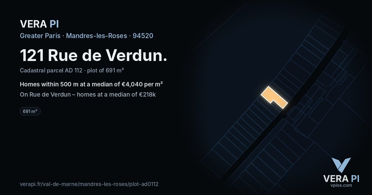 121 Rue de Verdun, Mandres-les-Roses at night – the plot lit, the parcels around coloured by the prices near them