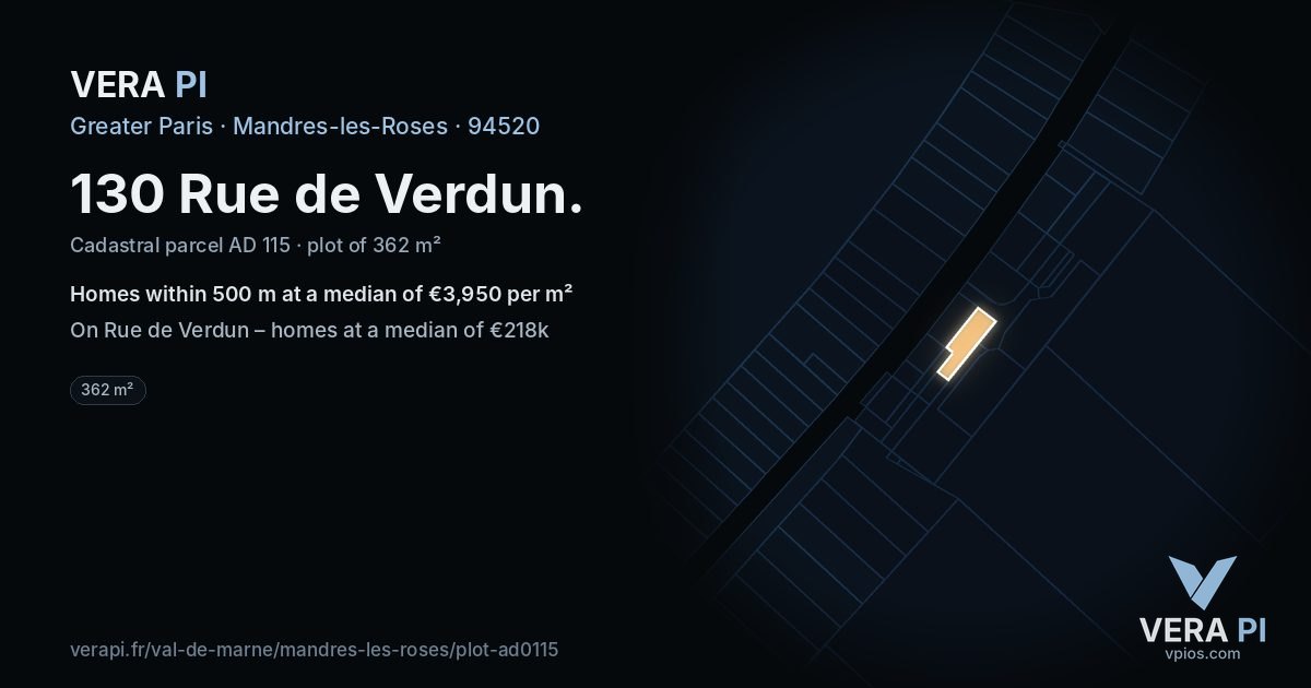 130 Rue de Verdun, Mandres-les-Roses at night – the plot lit, the parcels around coloured by the prices near them