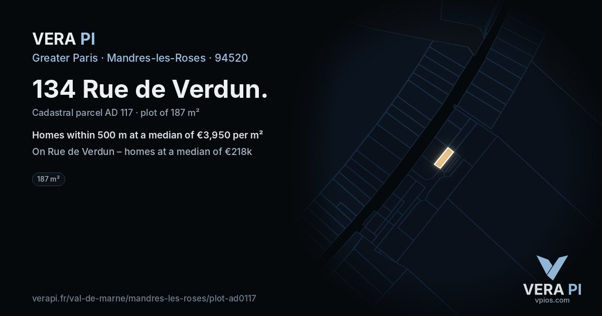 134 Rue de Verdun, Mandres-les-Roses at night – the plot lit, the parcels around coloured by the prices near them