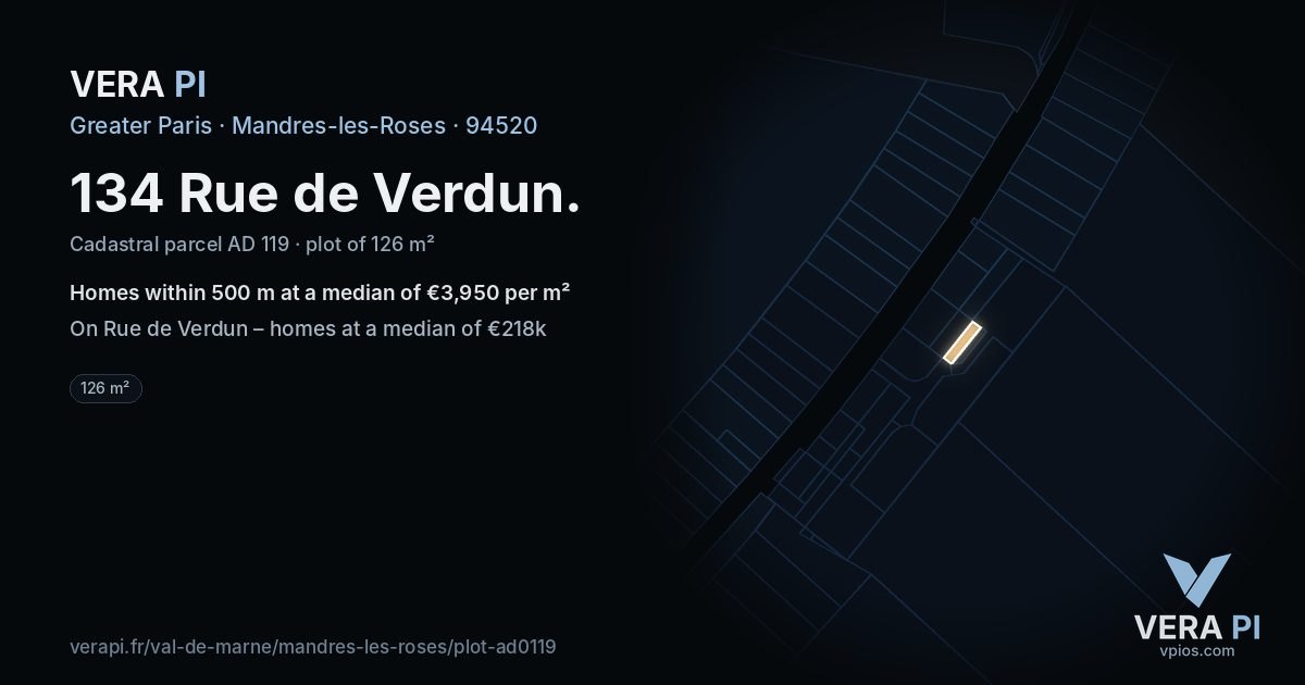 134 Rue de Verdun, Mandres-les-Roses at night – the plot lit, the parcels around coloured by the prices near them