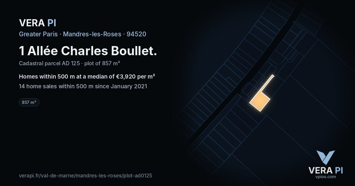 1 Allée Charles Boullet, Mandres-les-Roses at night – the plot lit, the parcels around coloured by the prices near them