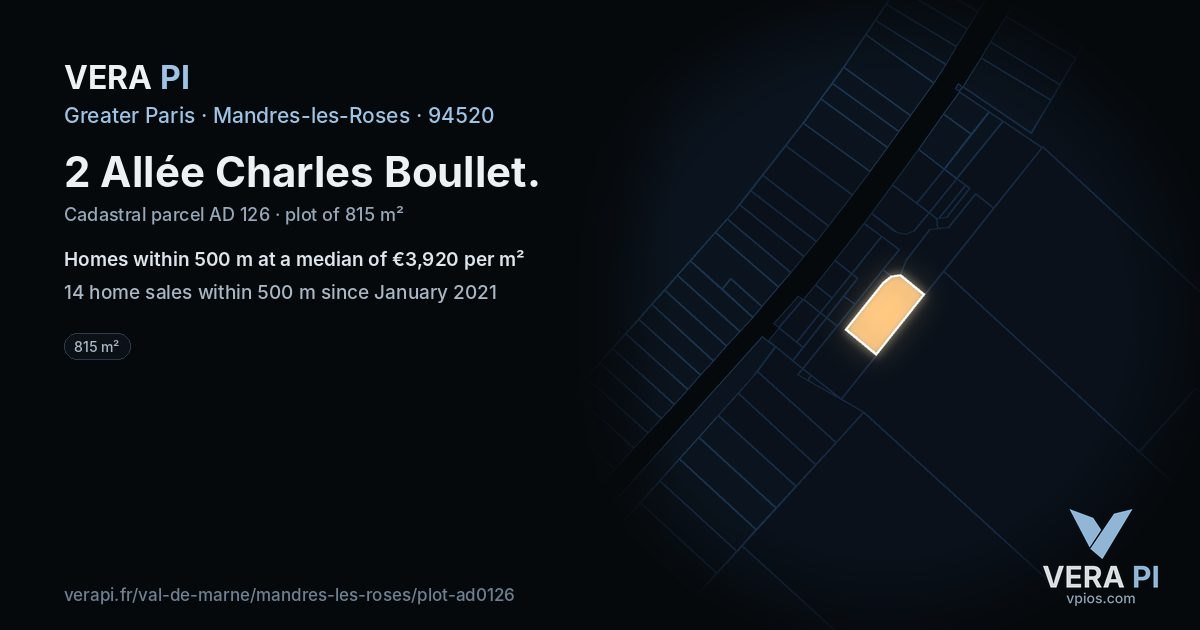 2 Allée Charles Boullet, Mandres-les-Roses at night – the plot lit, the parcels around coloured by the prices near them