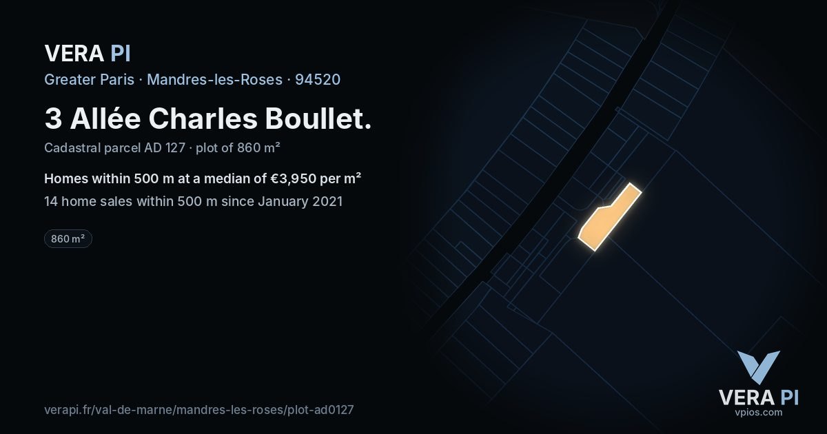 3 Allée Charles Boullet, Mandres-les-Roses at night – the plot lit, the parcels around coloured by the prices near them