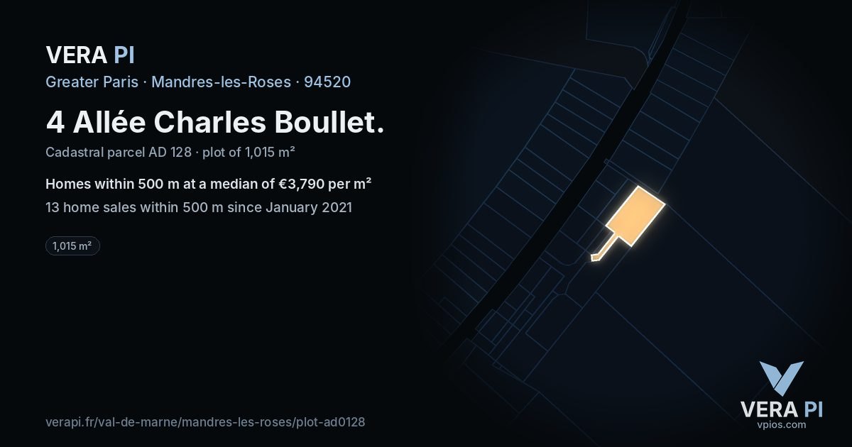 4 Allée Charles Boullet, Mandres-les-Roses at night – the plot lit, the parcels around coloured by the prices near them