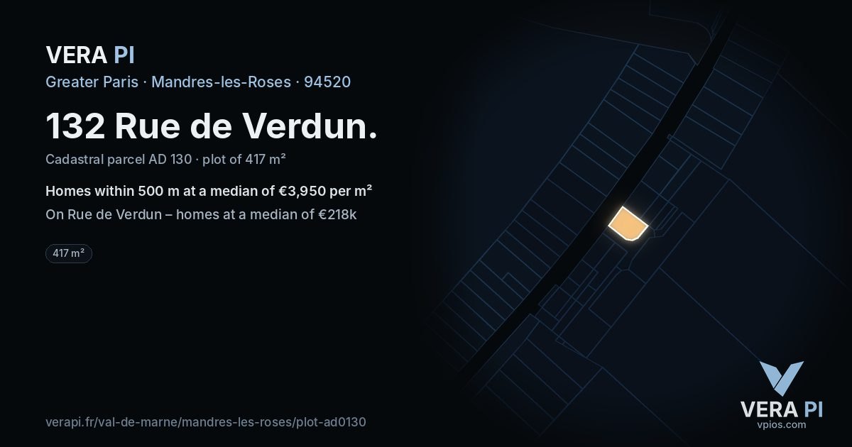 132 Rue de Verdun, Mandres-les-Roses at night – the plot lit, the parcels around coloured by the prices near them