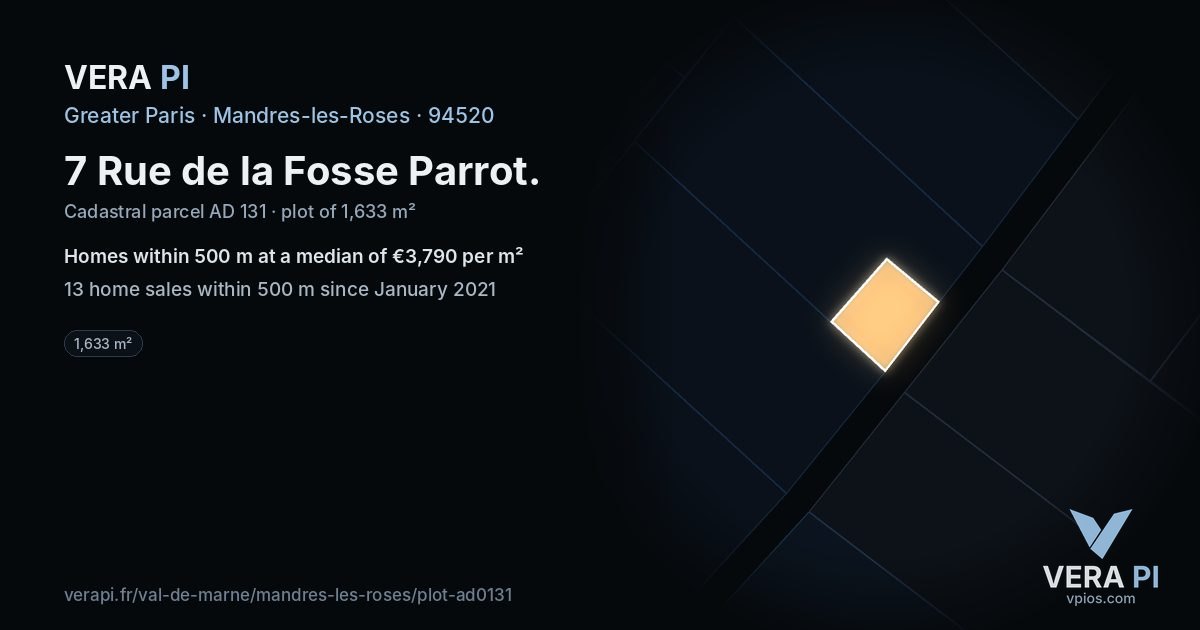 7 Rue de la Fosse Parrot, Mandres-les-Roses at night – the plot lit, the parcels around coloured by the prices near them