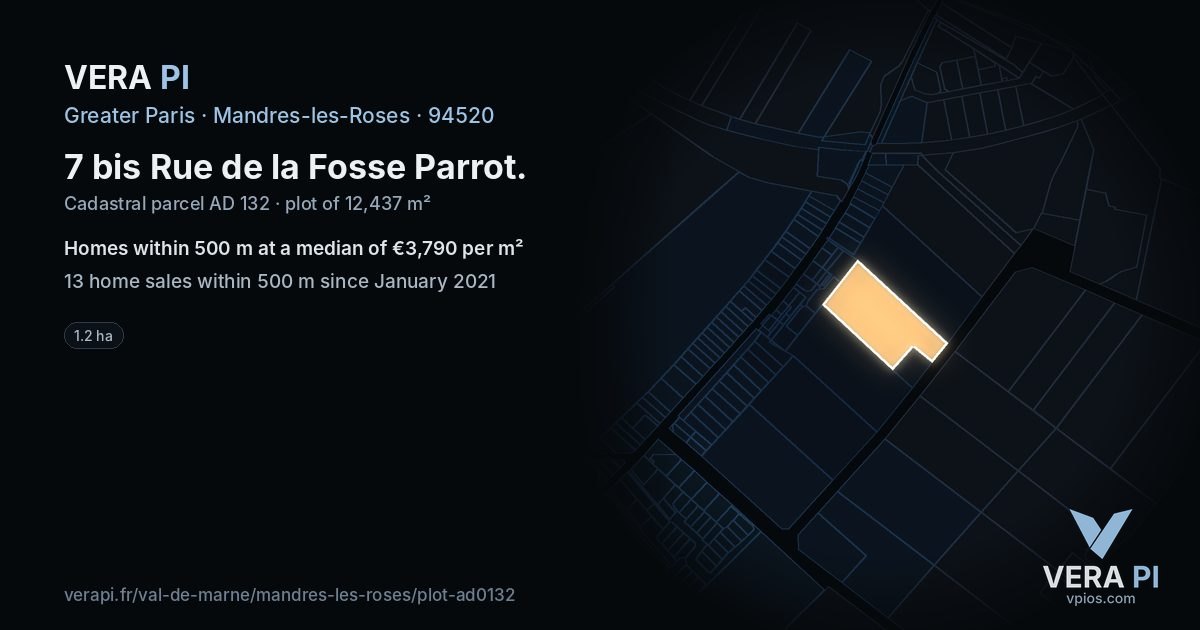 7 bis Rue de la Fosse Parrot, Mandres-les-Roses at night – the plot lit, the parcels around coloured by the prices near them