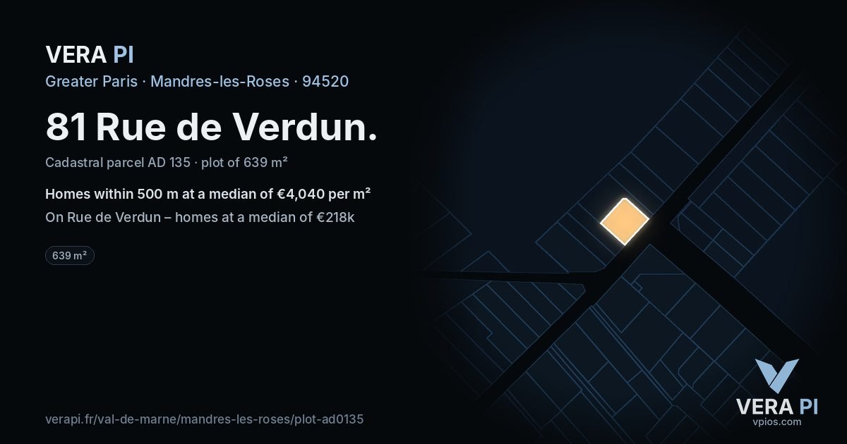 81 Rue de Verdun, Mandres-les-Roses at night – the plot lit, the parcels around coloured by the prices near them