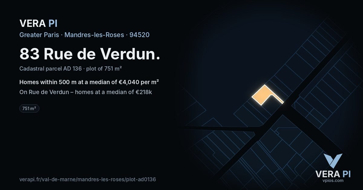 83 Rue de Verdun, Mandres-les-Roses at night – the plot lit, the parcels around coloured by the prices near them
