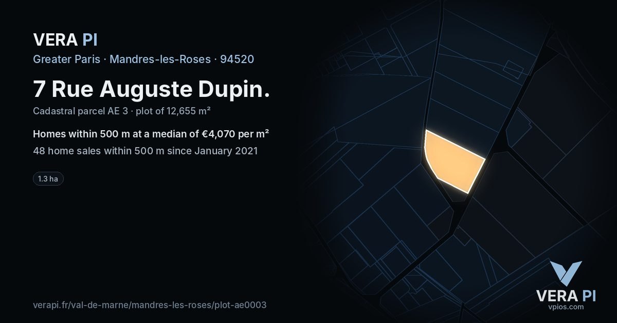 7 Rue Auguste Dupin, Mandres-les-Roses at night – the plot lit, the parcels around coloured by the prices near them