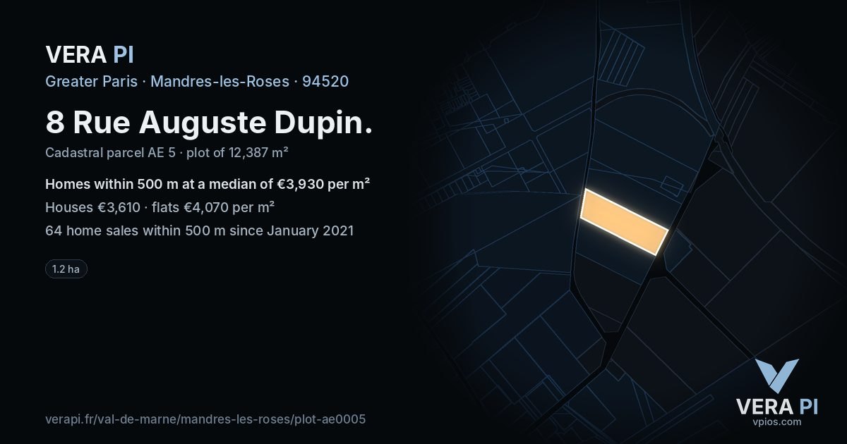 8 Rue Auguste Dupin, Mandres-les-Roses at night – the plot lit, the parcels around coloured by the prices near them