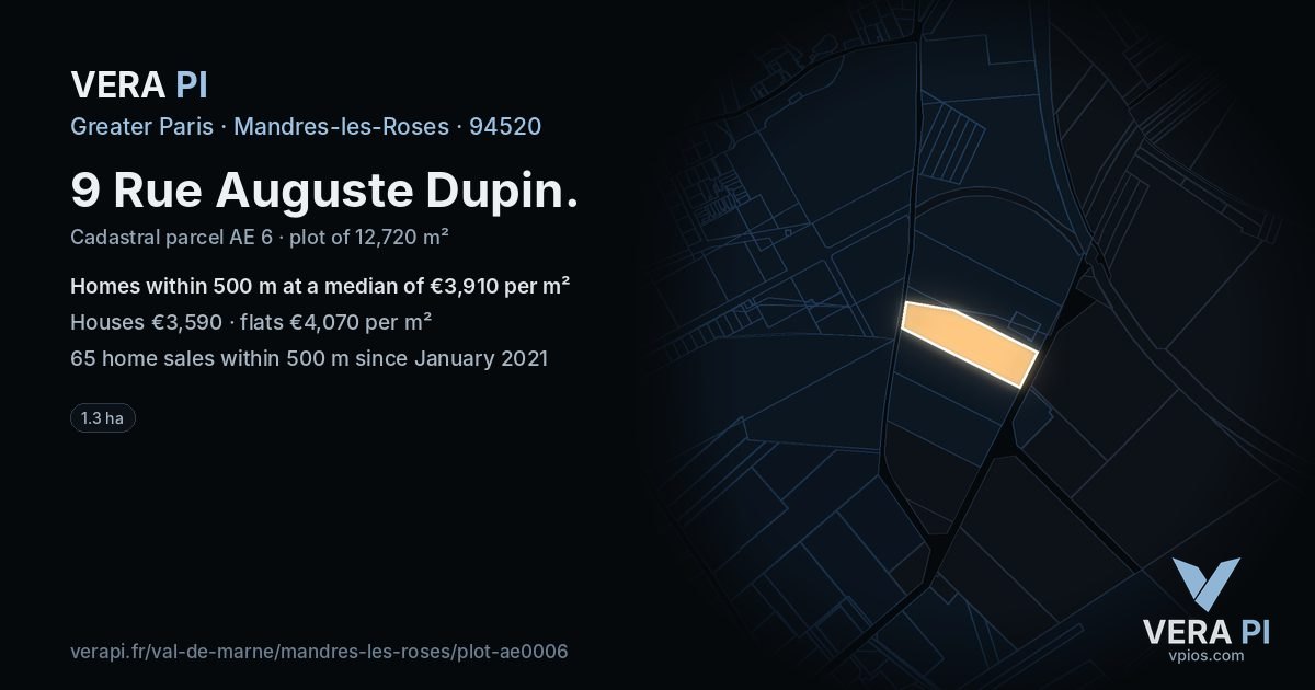 9 Rue Auguste Dupin, Mandres-les-Roses at night – the plot lit, the parcels around coloured by the prices near them