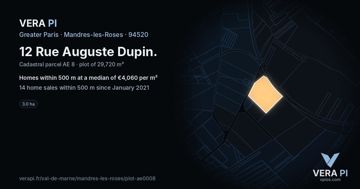 12 Rue Auguste Dupin, Mandres-les-Roses at night – the plot lit, the parcels around coloured by the prices near them