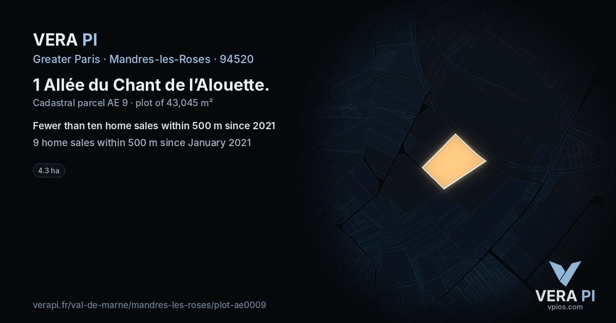 1 Allée du Chant de l’Alouette, Mandres-les-Roses at night – the plot lit, the parcels around coloured by the prices near them