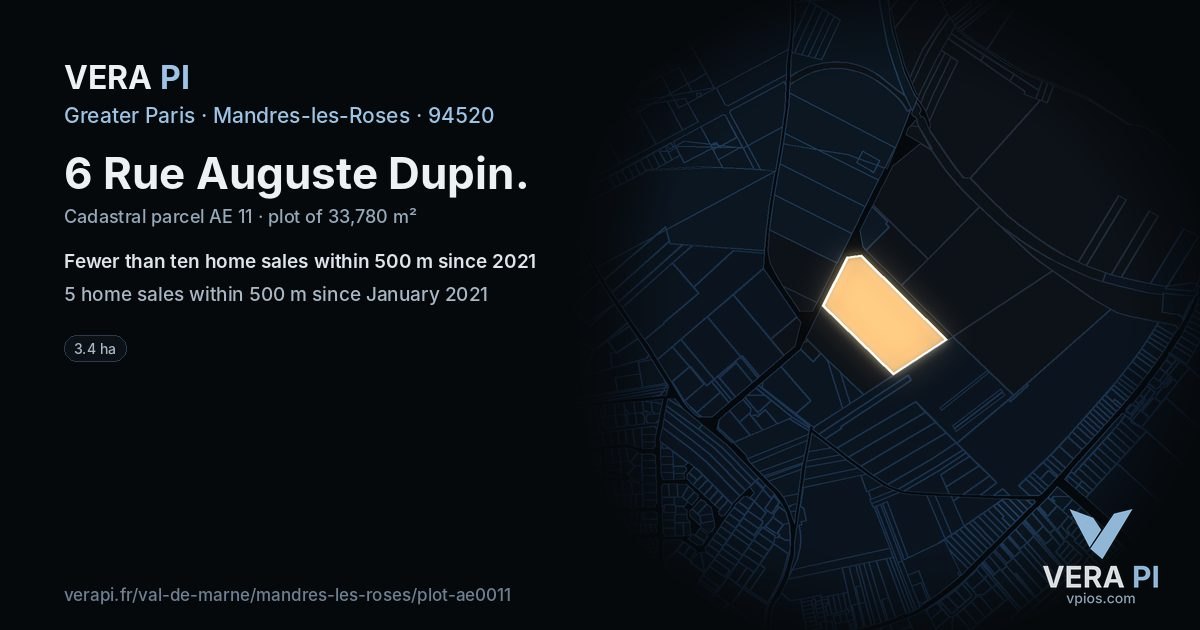 6 Rue Auguste Dupin, Mandres-les-Roses at night – the plot lit, the parcels around coloured by the prices near them
