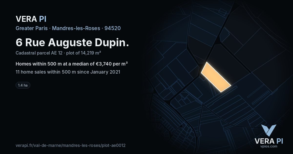 6 Rue Auguste Dupin, Mandres-les-Roses at night – the plot lit, the parcels around coloured by the prices near them