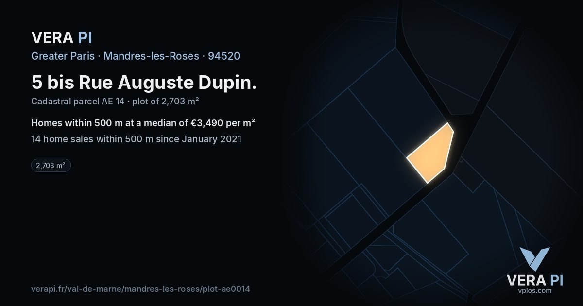 5 bis Rue Auguste Dupin, Mandres-les-Roses at night – the plot lit, the parcels around coloured by the prices near them