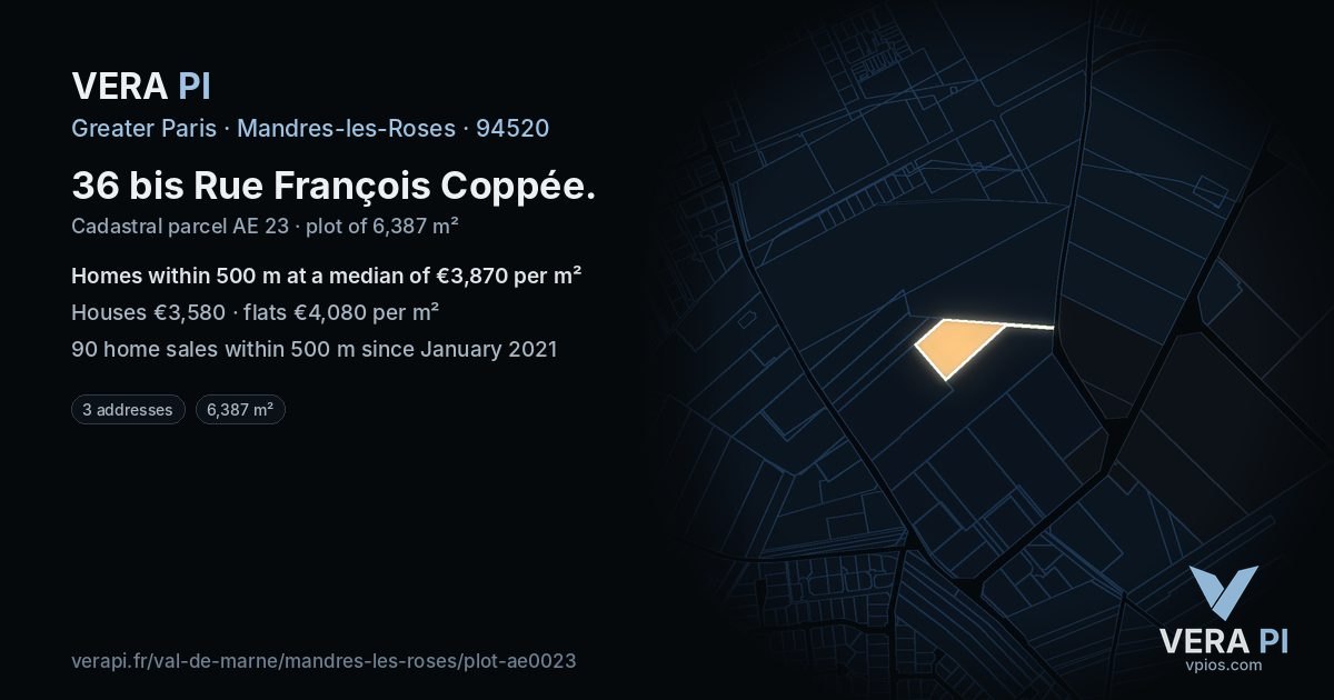 36 bis Rue François Coppée, Mandres-les-Roses at night – the plot lit, the parcels around coloured by the prices near them