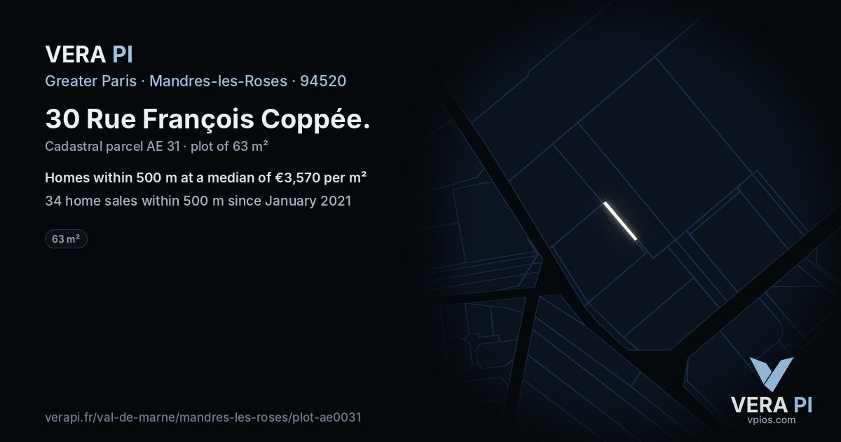 30 Rue François Coppée, Mandres-les-Roses at night – the plot lit, the parcels around coloured by the prices near them
