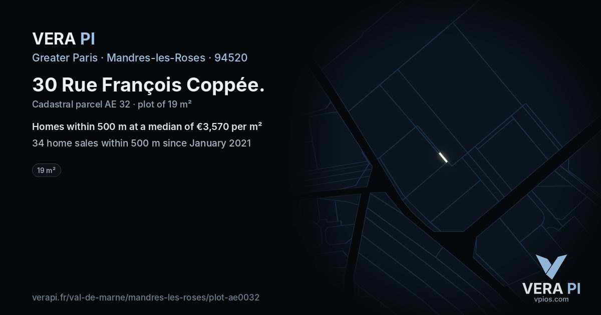 30 Rue François Coppée, Mandres-les-Roses at night – the plot lit, the parcels around coloured by the prices near them