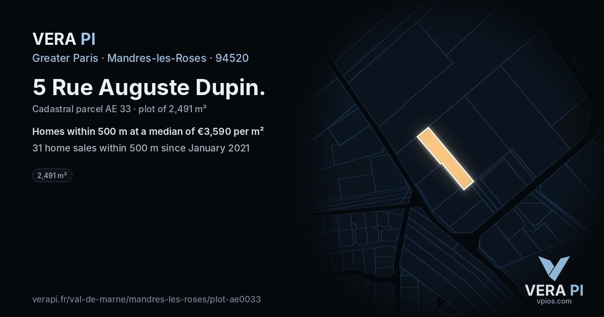 5 Rue Auguste Dupin, Mandres-les-Roses at night – the plot lit, the parcels around coloured by the prices near them
