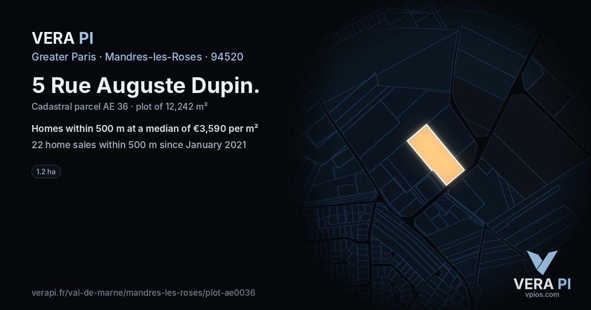 5 Rue Auguste Dupin, Mandres-les-Roses at night – the plot lit, the parcels around coloured by the prices near them